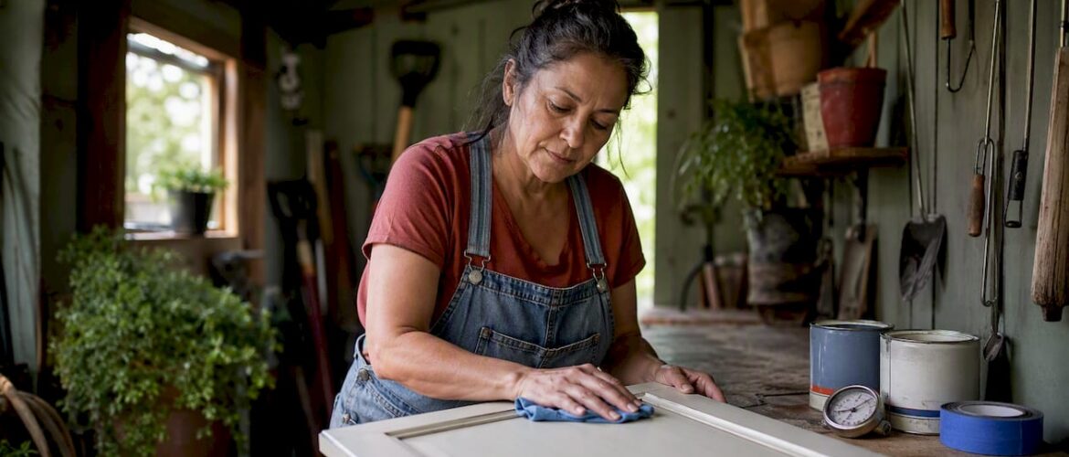 Woman prepping cabinet with humidity gauge nearby