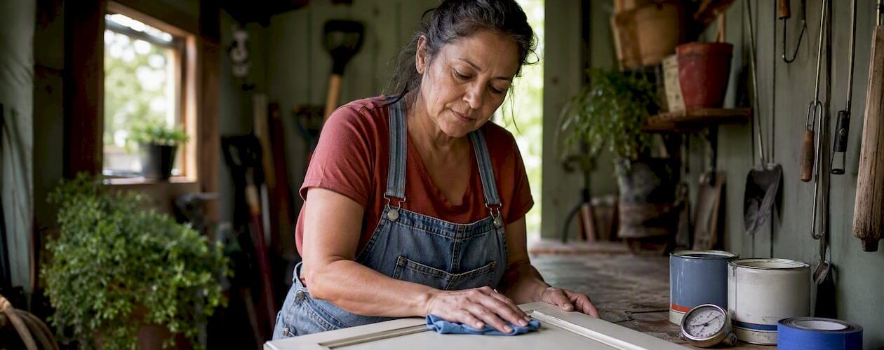 Woman prepping cabinet with humidity gauge nearby