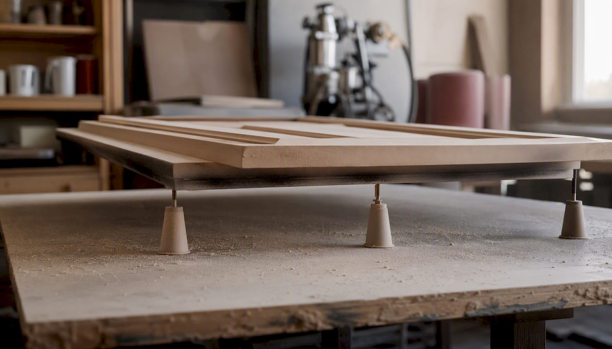 Cabinet door elevated on standoffs for spraying