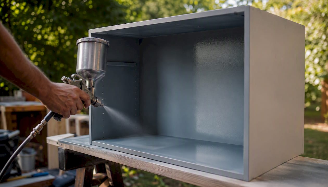 Spraying cabinet interior with back panel removed