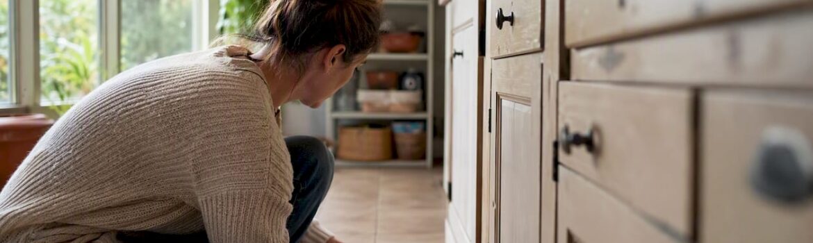 Hands measuring kitchen cabinet