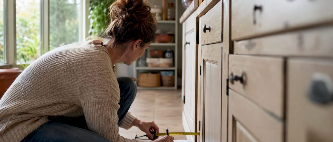 Hands measuring kitchen cabinet