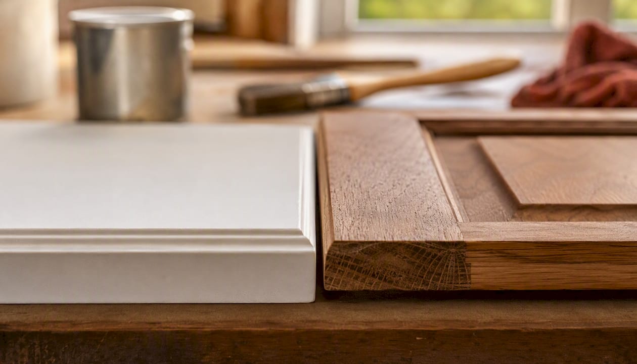 Close-up of MDF and solid wood cabinet door edges