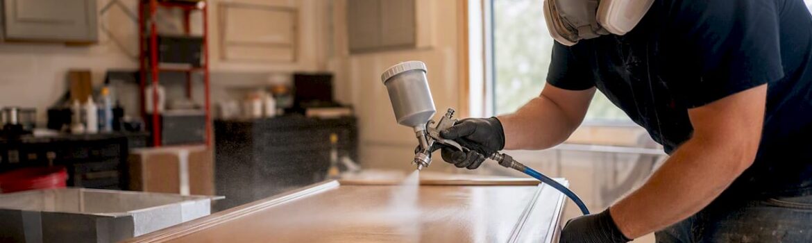 Spraying factory finish on cabinet door
