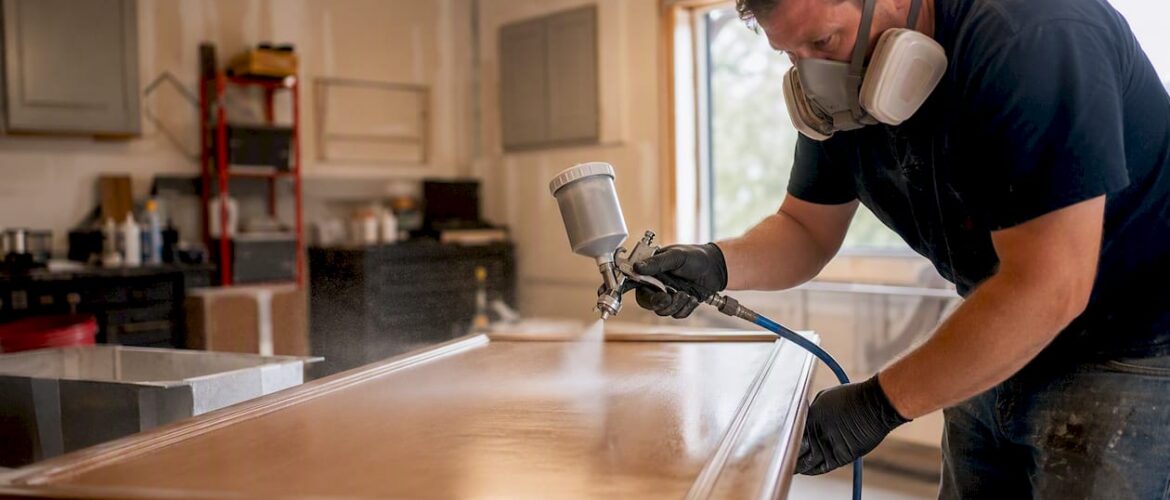 Spraying factory finish on cabinet door