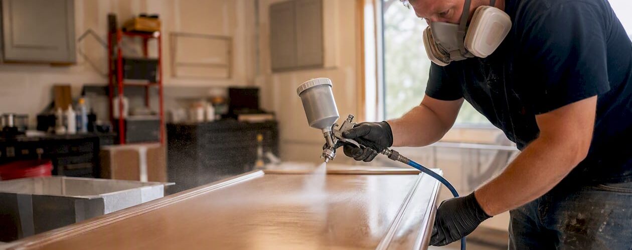 Spraying factory finish on cabinet door