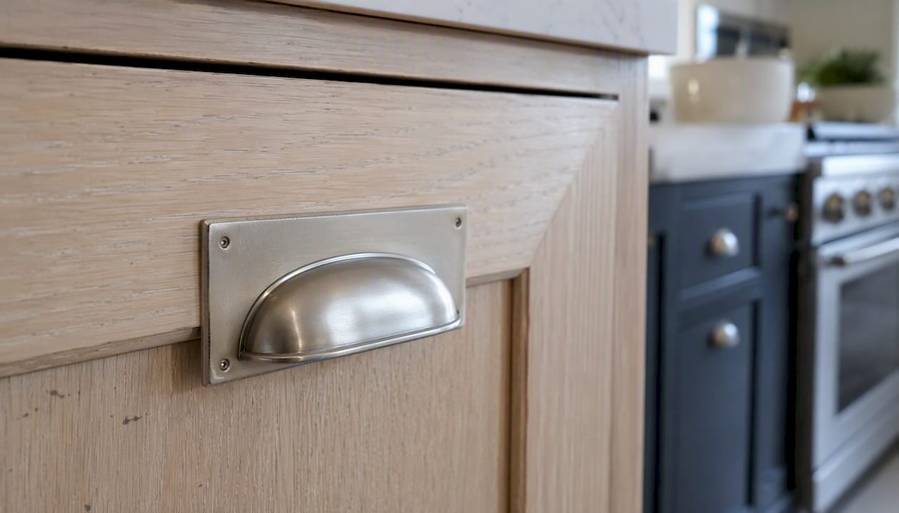 Mission style brass cabinet hardware close-up