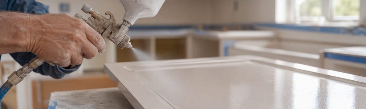 Close-up of hands spraying finish on cabinet door