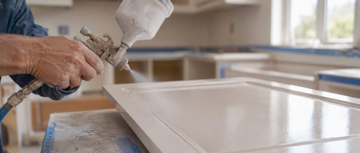 Close-up of hands spraying finish on cabinet door