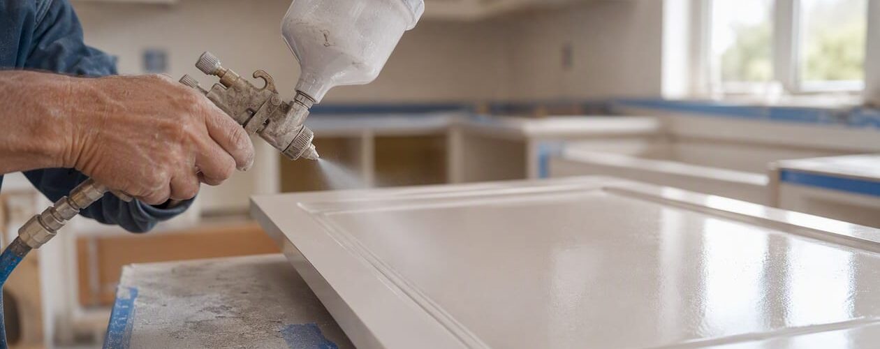 Close-up of hands spraying finish on cabinet door