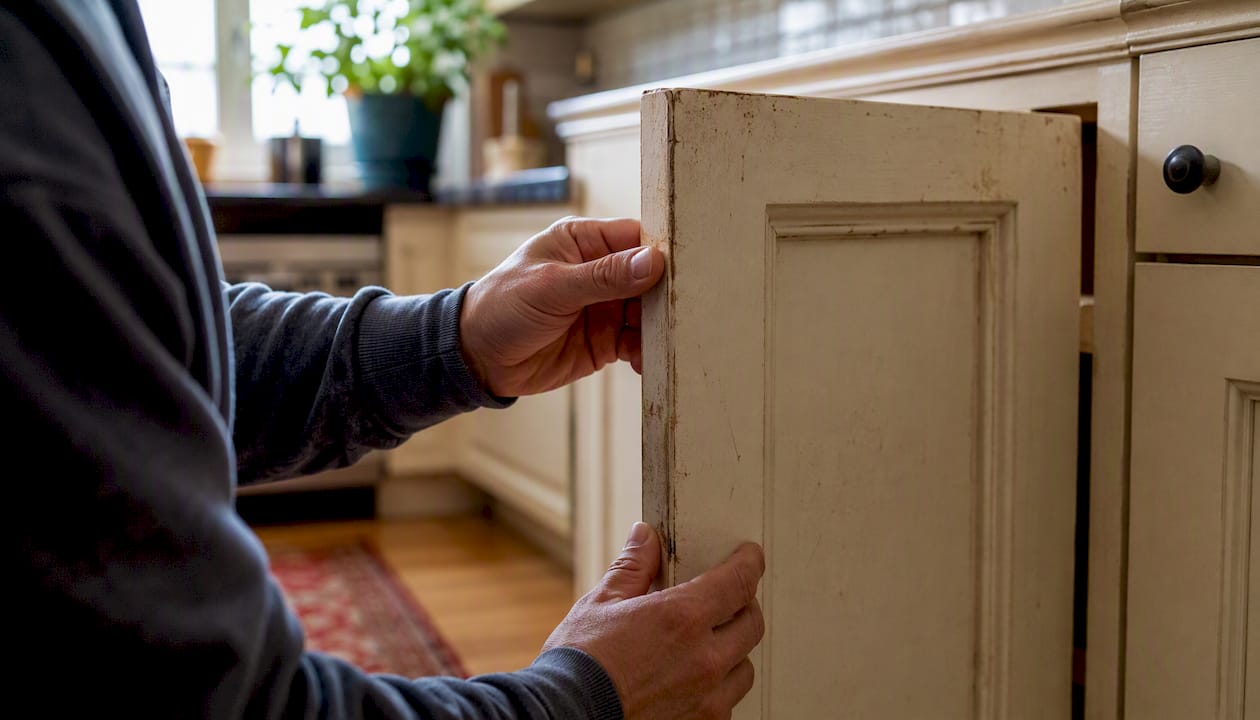 Hands inspecting worn cabinet door for mold