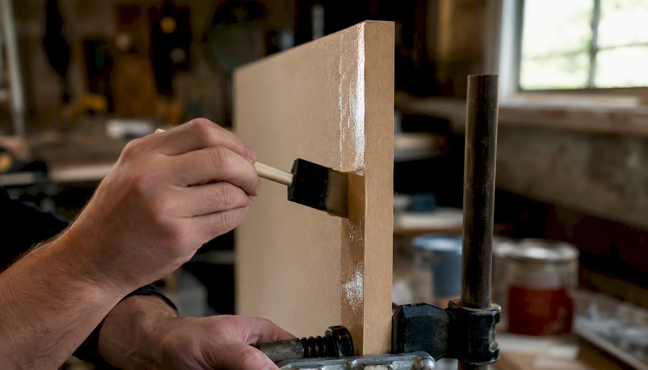Hand applying shellac primer on MDF cabinet edge