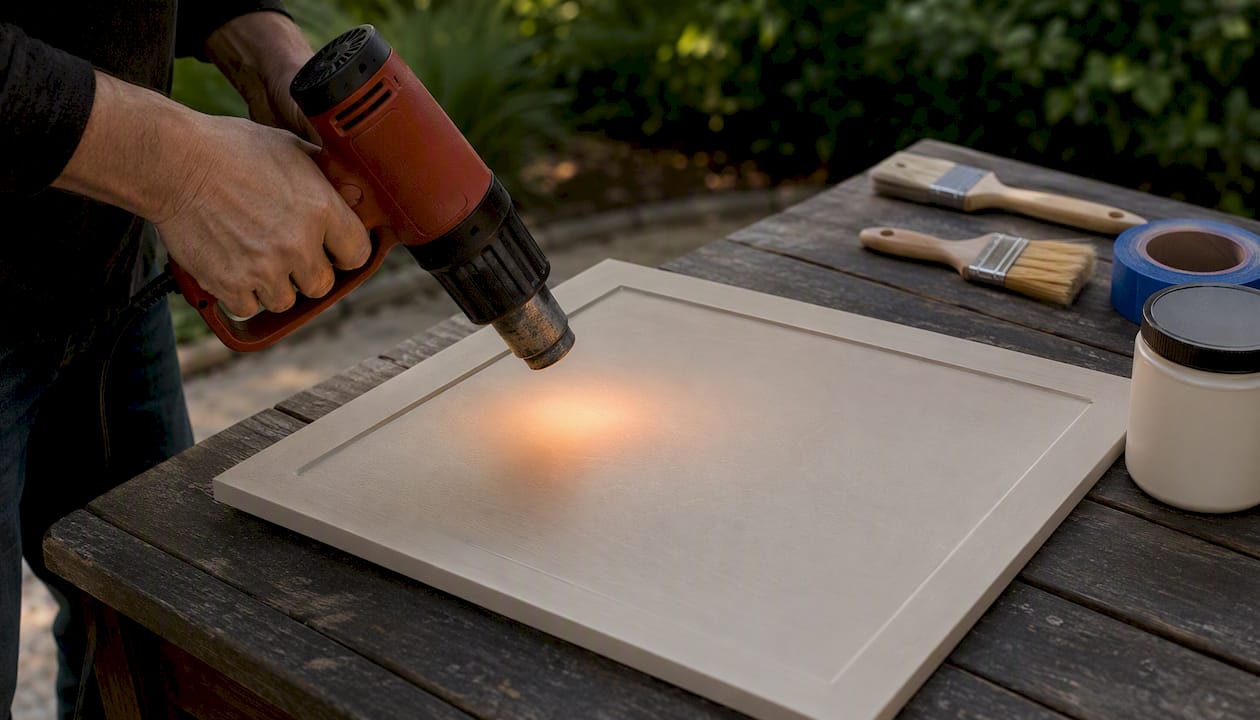 Hands warming vinyl surface with heat gun