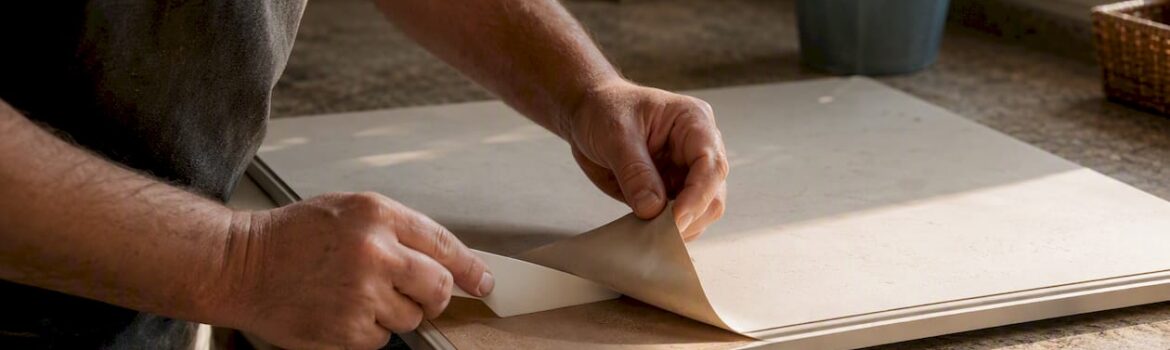 Hands peeling thermofoil from cabinet door edge