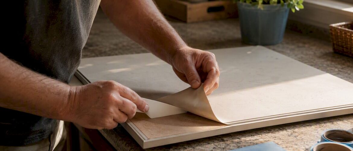 Hands peeling thermofoil from cabinet door edge