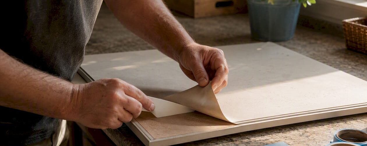 Hands peeling thermofoil from cabinet door edge