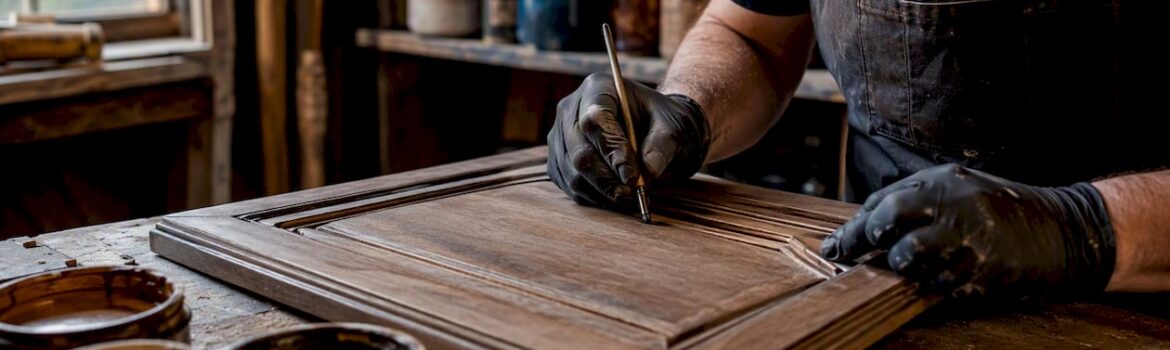 Hands applying pen glaze to cabinet door details