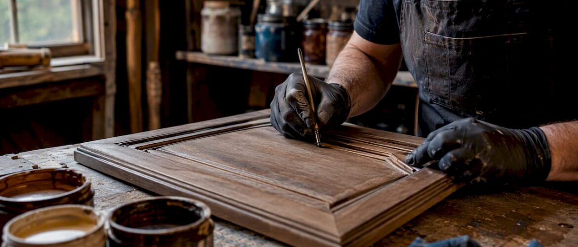 Hands applying pen glaze to cabinet door details