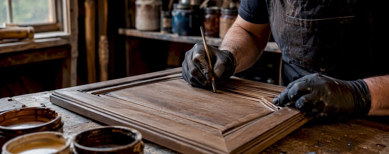 Hands applying pen glaze to cabinet door details