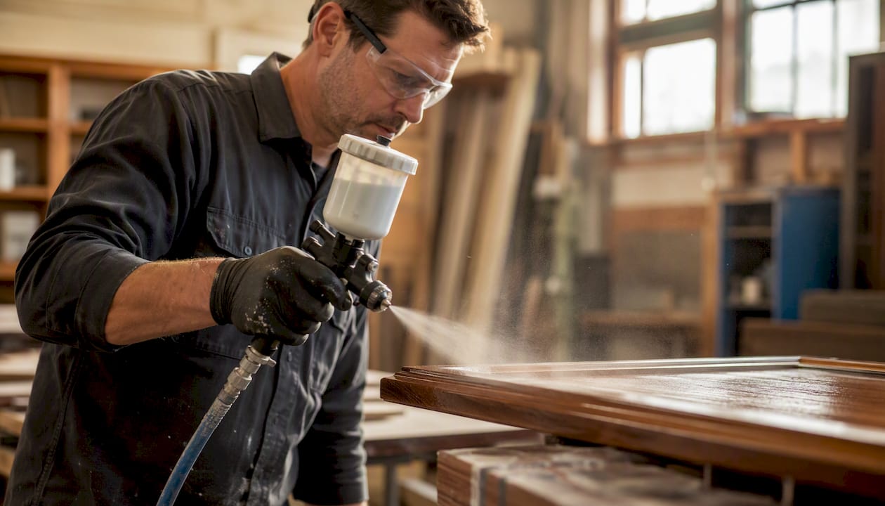 Spray application of conversion varnish on cabinet door