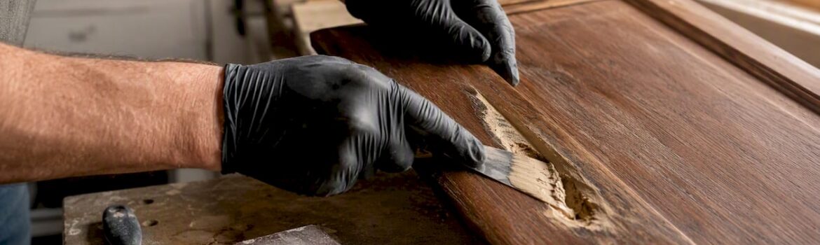 Hands applying wood filler to damaged cabinet door