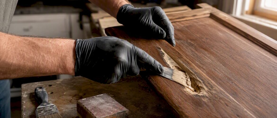 Hands applying wood filler to damaged cabinet door