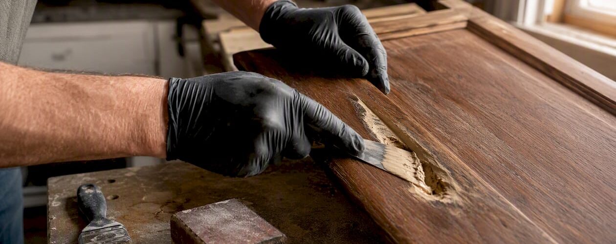 Hands applying wood filler to damaged cabinet door