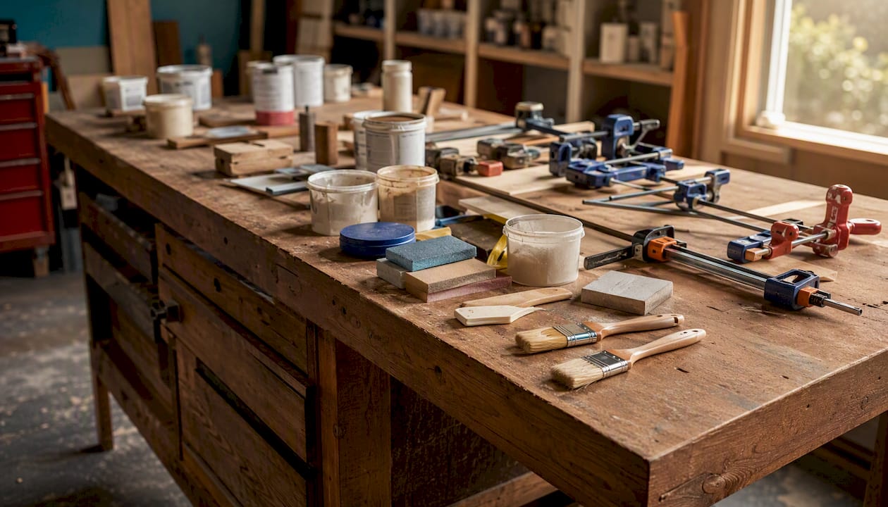 Cabinet repair tools and wood filler on workshop bench