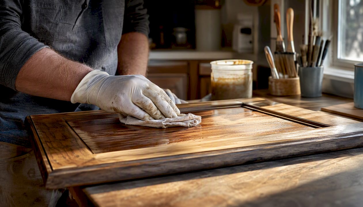 Hands applying translucent glaze on cabinet door