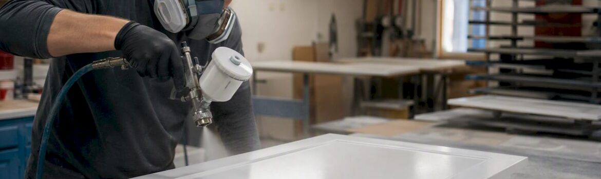 Technician spraying cabinet door in workshop