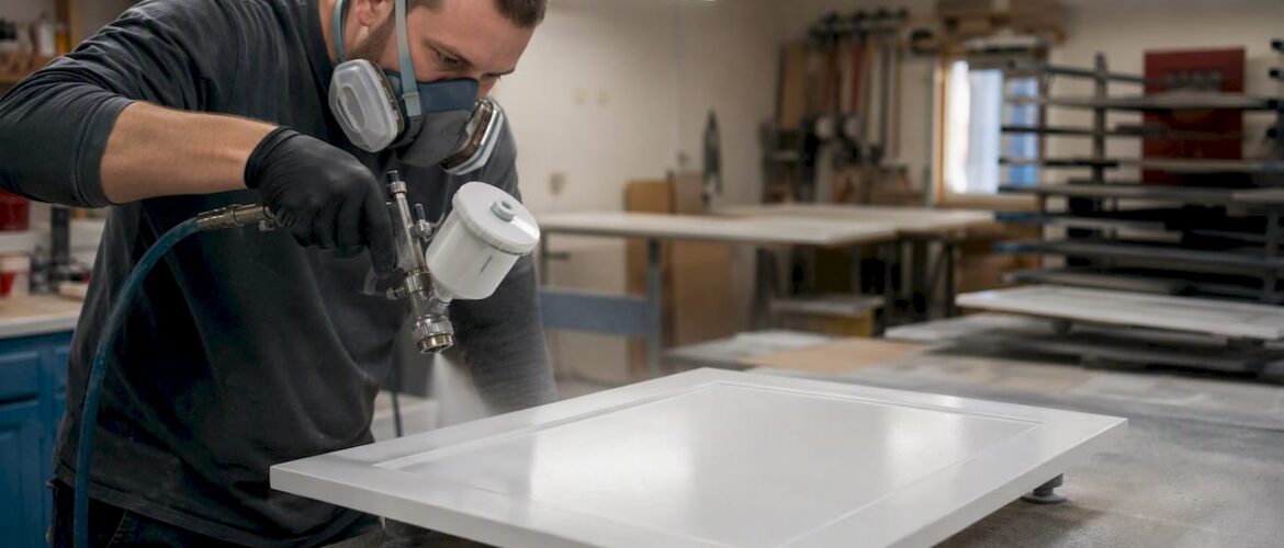 Technician spraying cabinet door in workshop