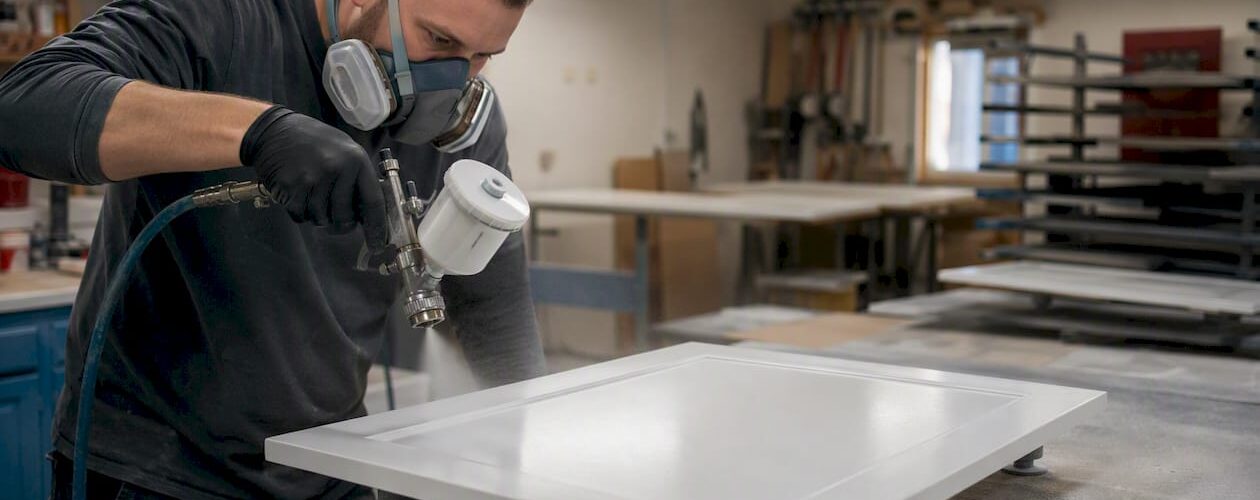 Technician spraying cabinet door in workshop