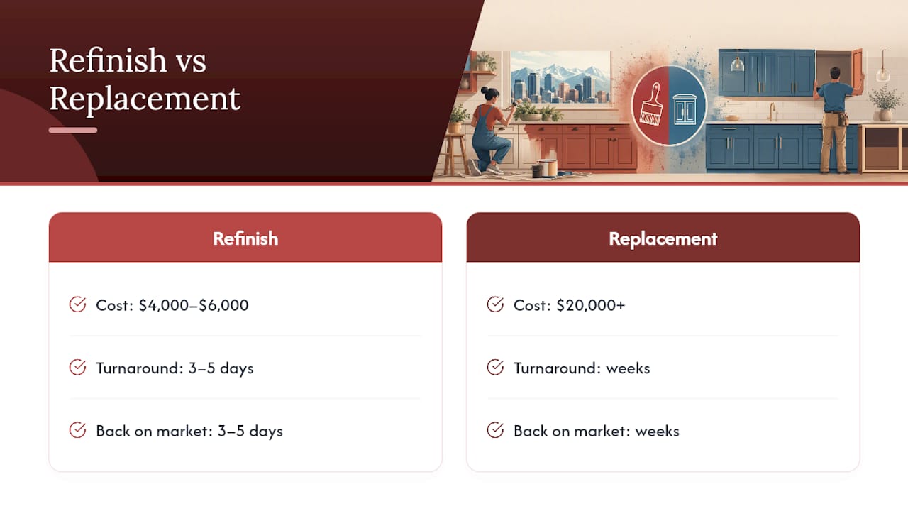 Comparison of cabinet refinishing and replacement costs and timelines