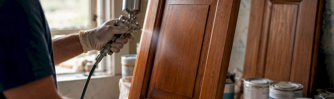 Hands spraying finish on kitchen cabinet door