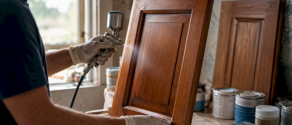 Hands spraying finish on kitchen cabinet door