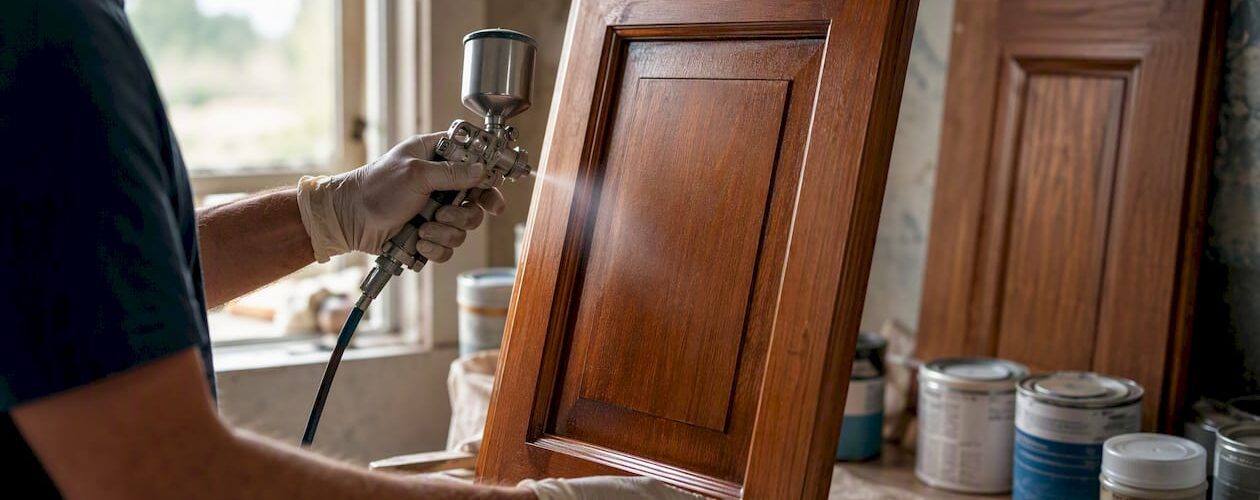 Hands spraying finish on kitchen cabinet door
