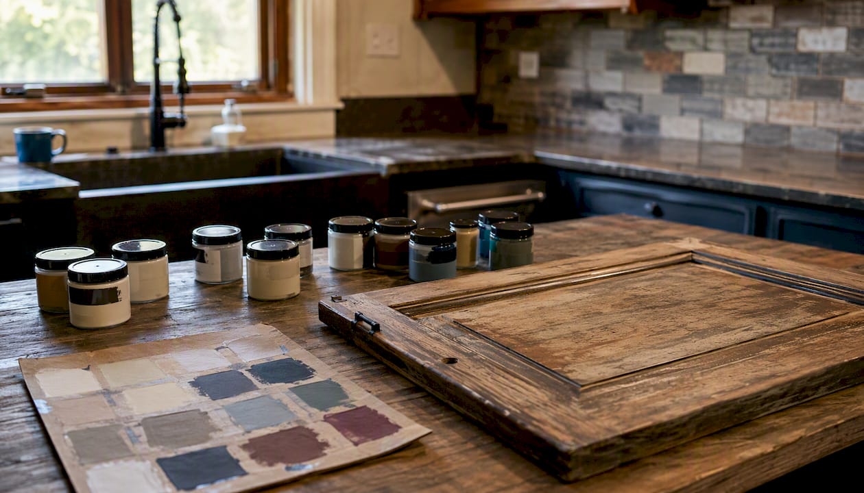 Cabinet paint sample pots with test swatches