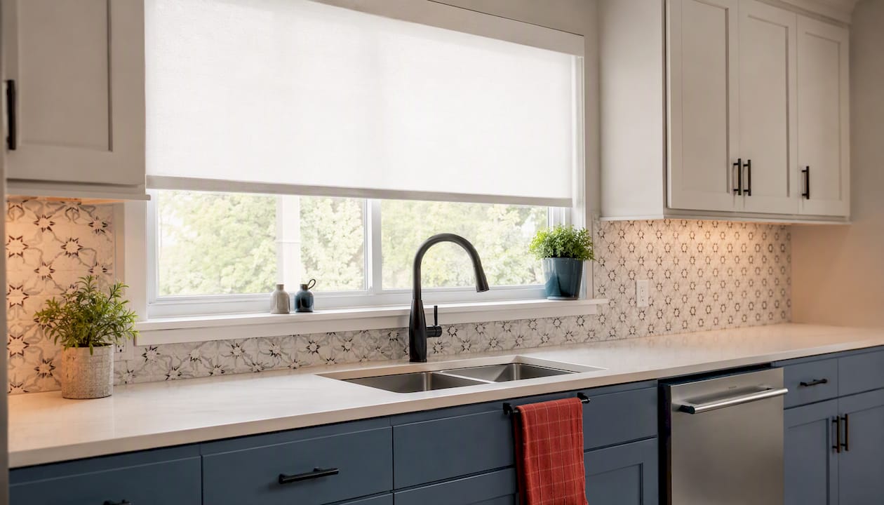 Bright kitchen window with white roller shade