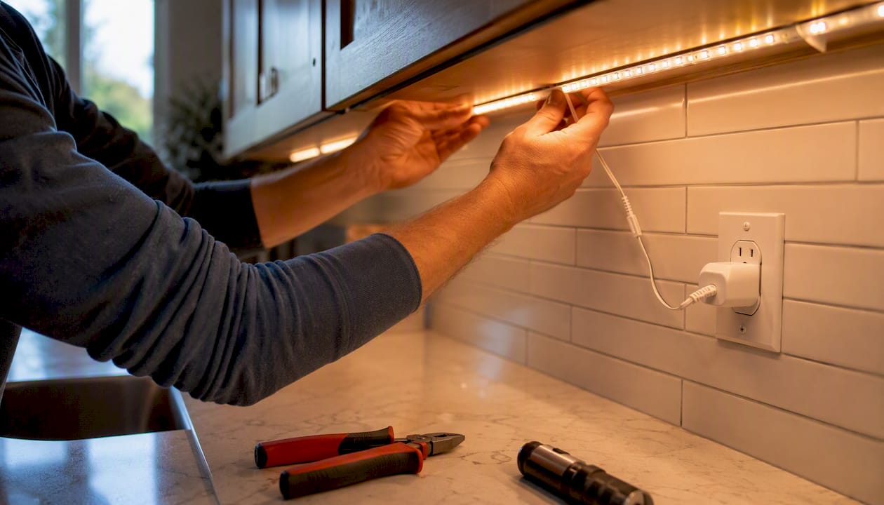Hands installing plug-in LED strip light under cabinet