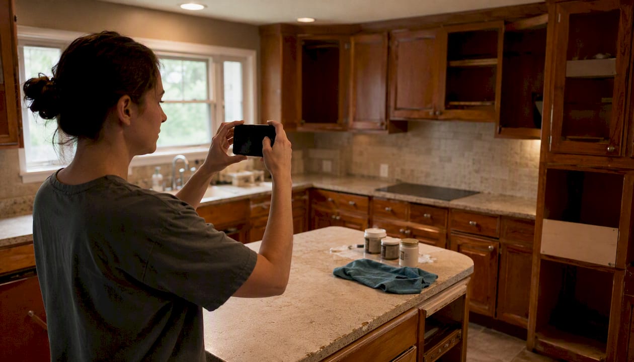 Recording video walkthrough of kitchen cabinets