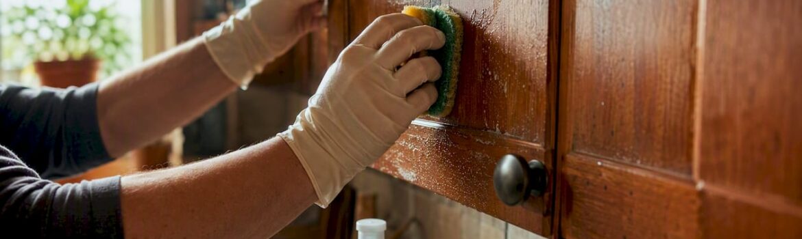 Hands wiping kitchen cabinet door with cleaning cloth