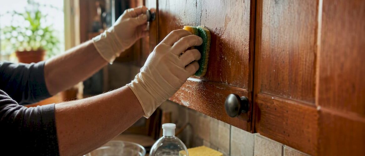 Hands wiping kitchen cabinet door with cleaning cloth