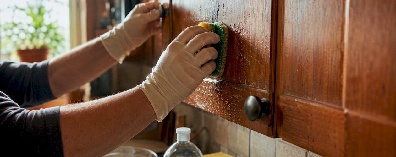 Hands wiping kitchen cabinet door with cleaning cloth