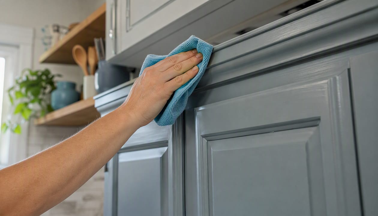 Hand cleaning painted cabinet with sponge