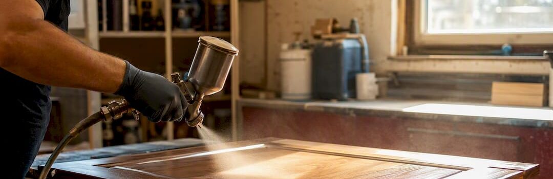 Technician spraying finish on cabinet door