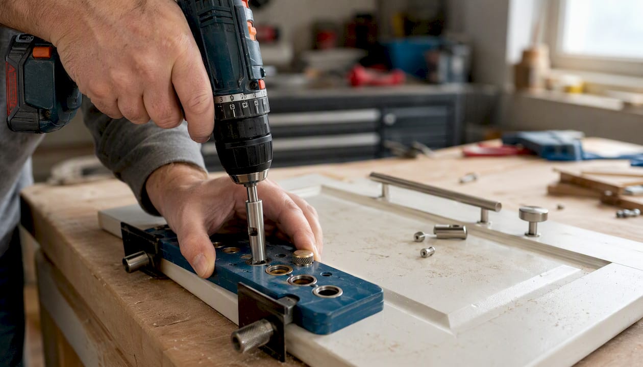 Hands using drilling jig to install cabinet hardware