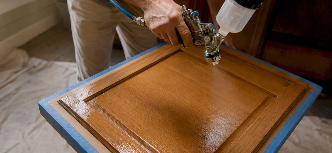 Hands spraying water-based finish on cabinet door