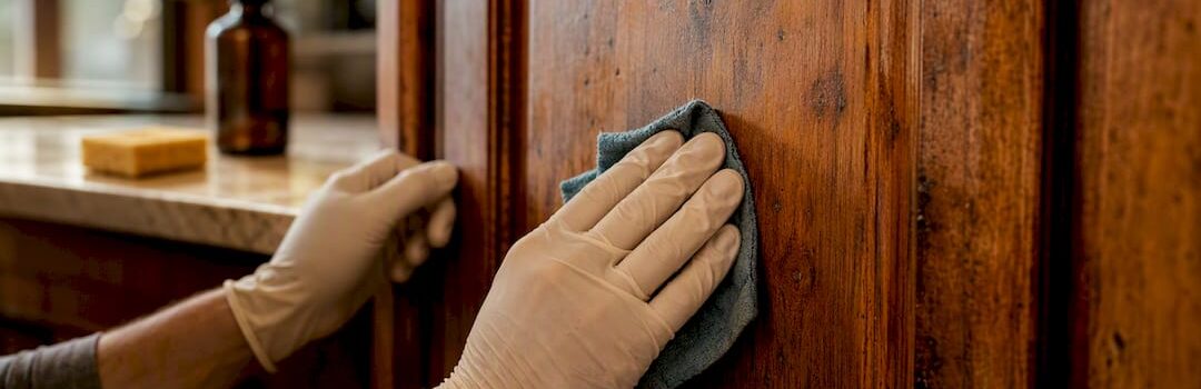 Hands wiping kitchen cabinet door