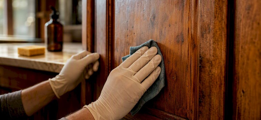 Hands wiping kitchen cabinet door