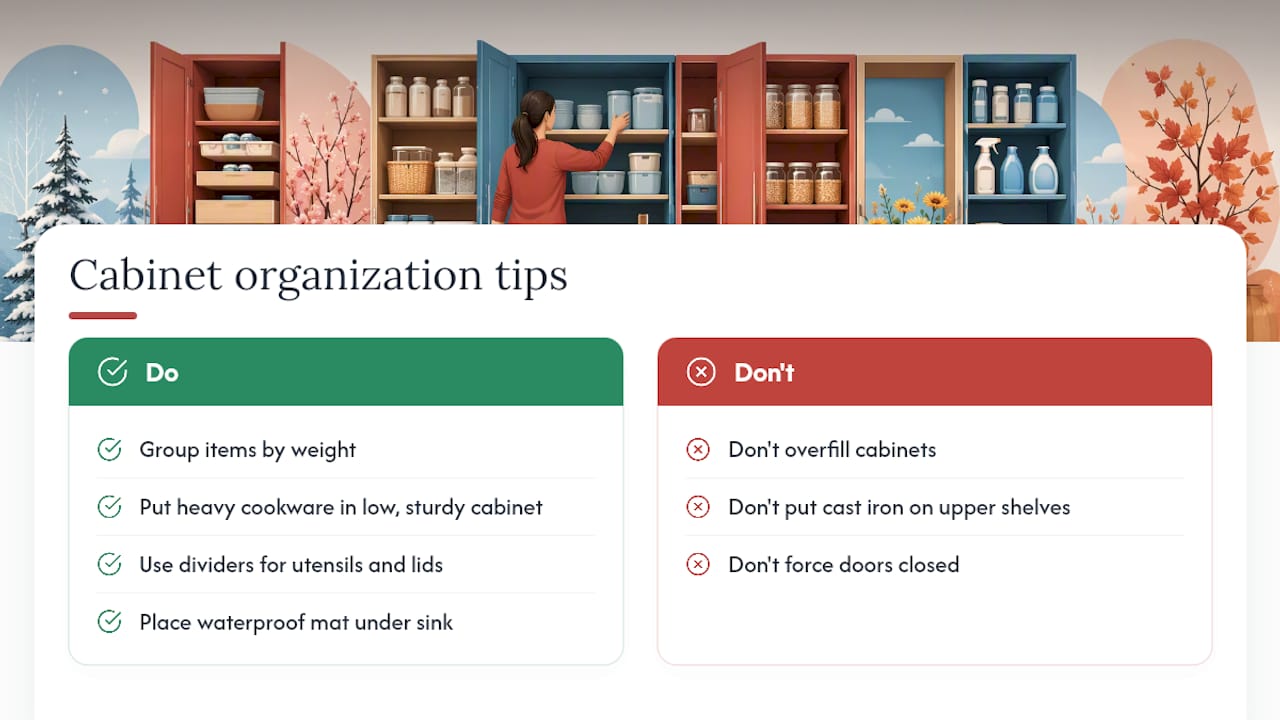Diagram of kitchen cabinet organization and wear prevention